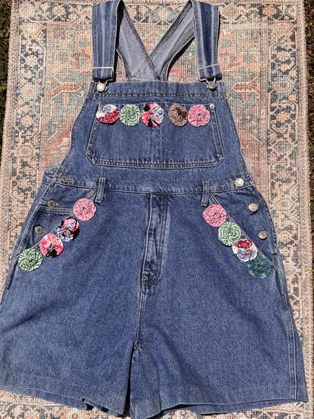 Vintage Skoozi Blue Denim Overalls Shortalls with Pink & Green Floral Accents